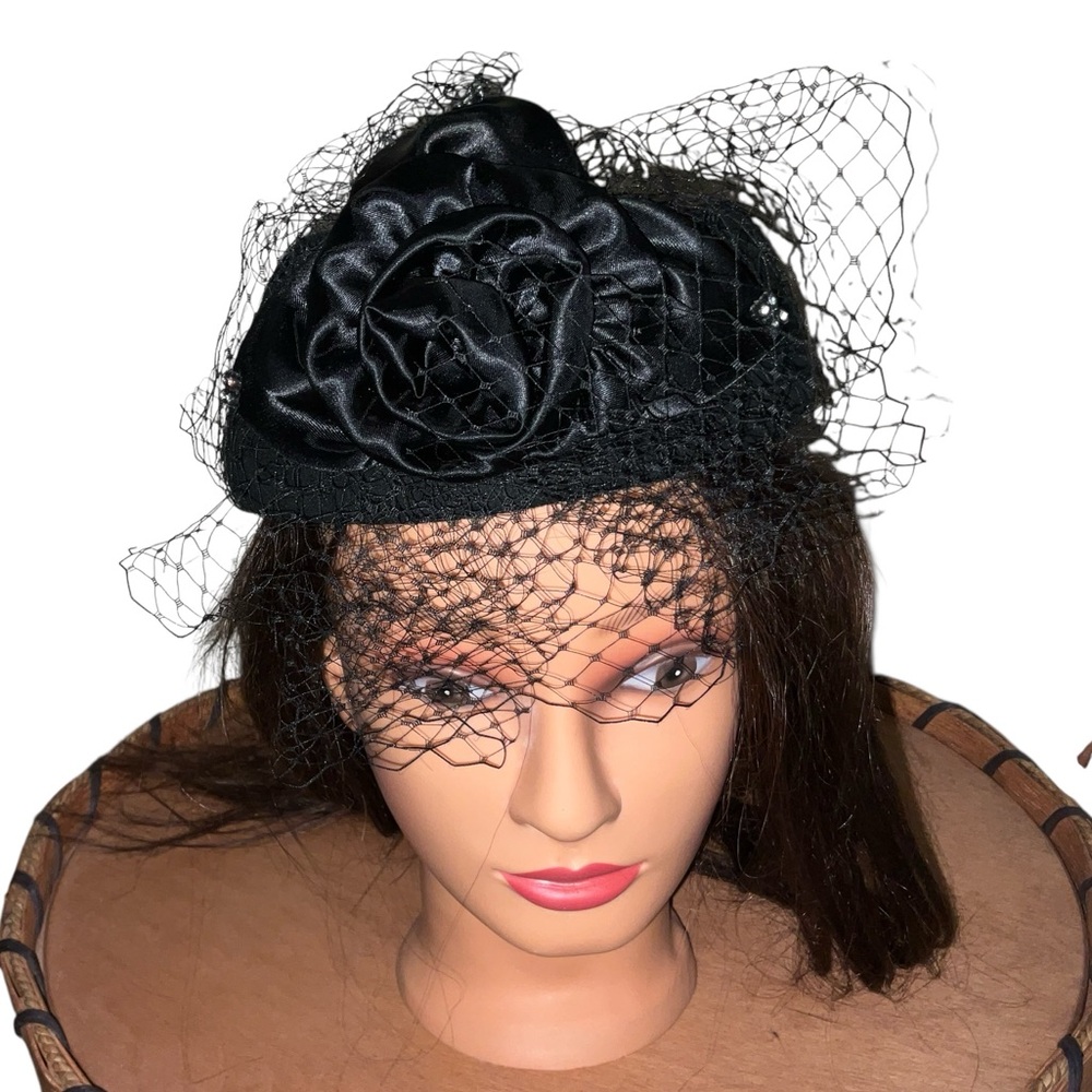 Vintage Black Wool Pillbox Hat Birdcage Veil Satin Rose 1960s Event Made in USA